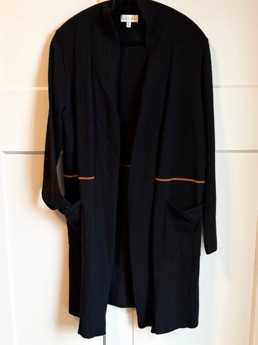 Laura Black sweater with Brown stripe and button sleeves size M